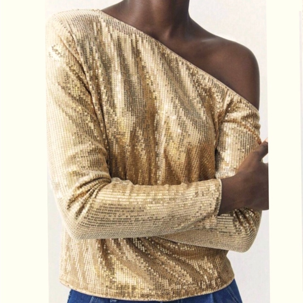 Asymmetrical neck blouse, golden tone, small sequins, slightly stretchy  Size L
